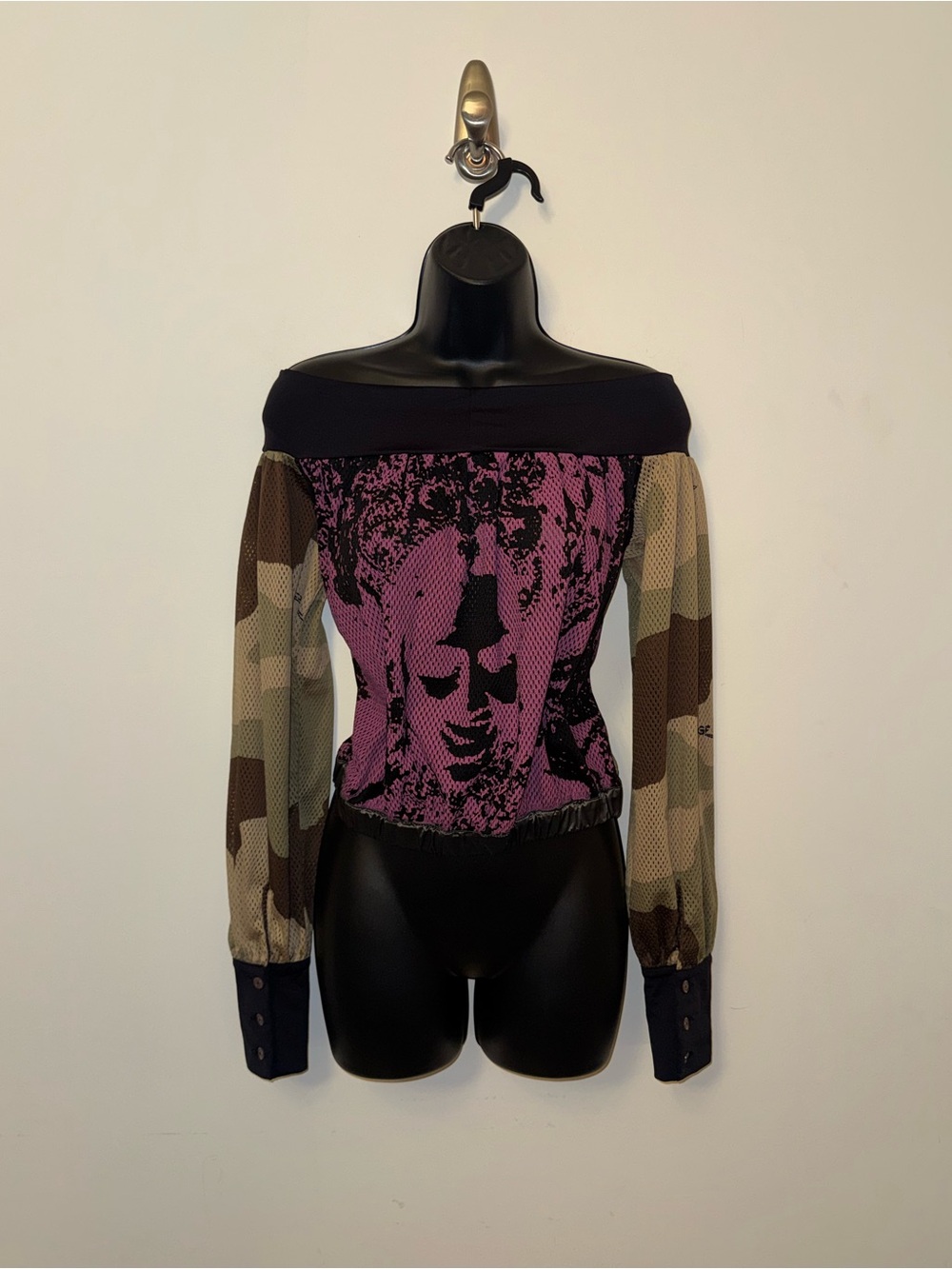 GF Ferre Vintage Camo Graphic Print Mesh Off- Shoulder Top